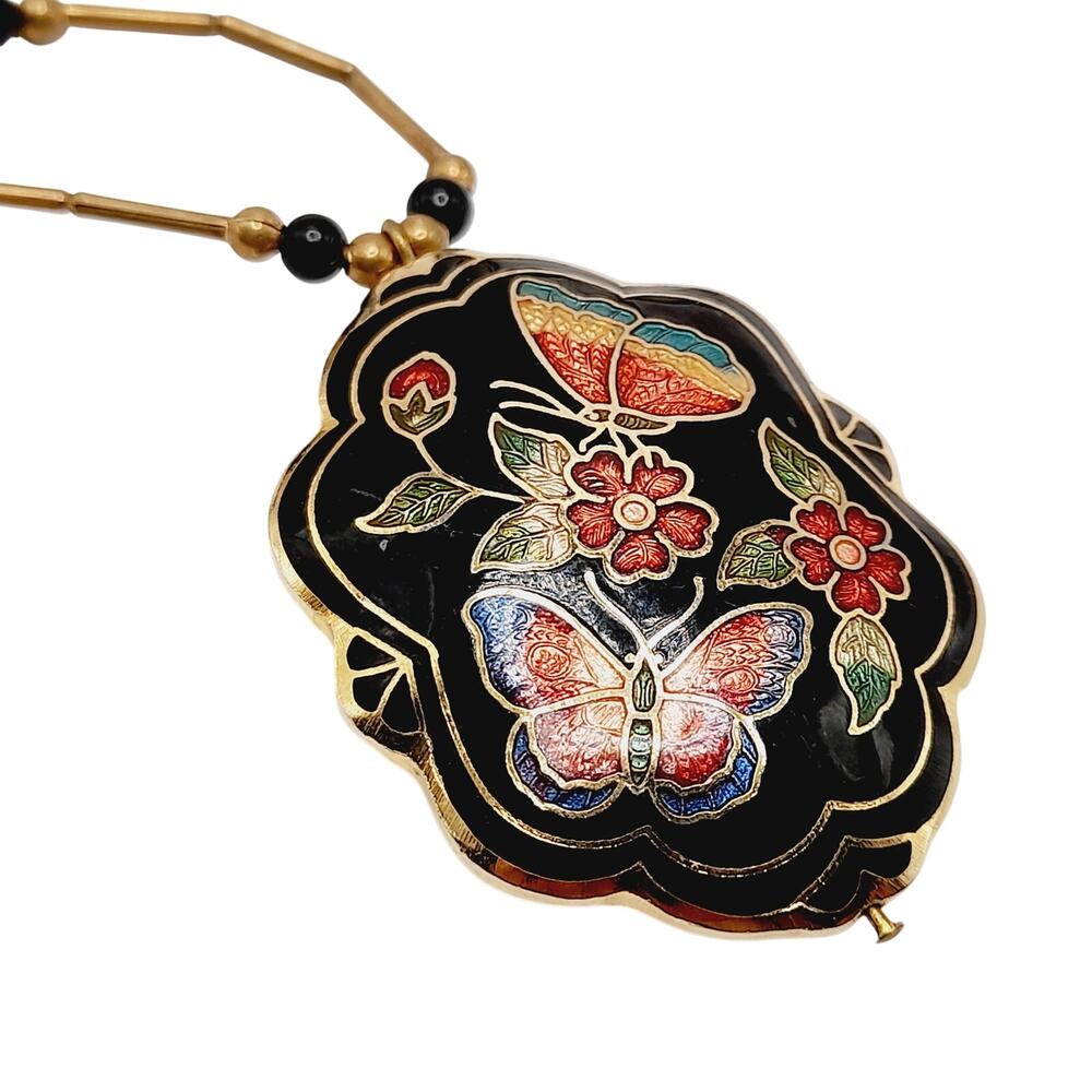 Vintage 1970s Cloisonne Butterfly Pendant Necklace Long Beaded Chain